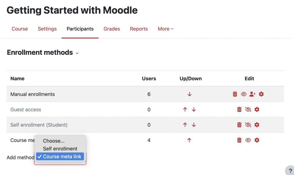 Screenshot of Moodle Partiipants tab, enrollment methods, and course meta link selected.